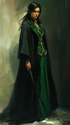 a painting of a woman dressed in green and holding a cane with her right hand