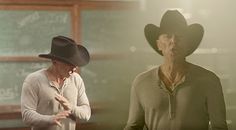 two men wearing hats standing next to each other in front of a chalkboard with writing on it