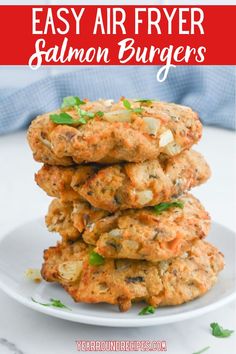 easy air fryer salmon burgers stacked on top of each other with text overlay