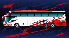 a red, white and blue bus is shown in this graphic art style image on a dark background