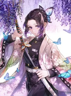 Under A Tree, Kimetsu No Yaiba, An Anime, A Tree, Anime Character, Butterflies, A Woman, Purple, Flowers