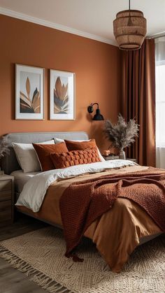 a bedroom with an orange wall and white bed in the center, two pictures on the wall