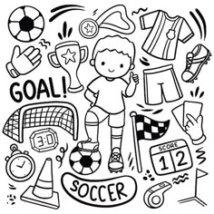 a black and white drawing of soccer items with the word goal written in front of it