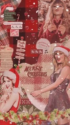 a collage of photos with santa hats and other holiday related items, including candy canes