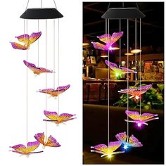 a group of butterflies hanging from the ceiling next to a photo of a bar and light fixture