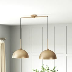 two brass pendant lights hanging over a dining room table with white chairs and green plants