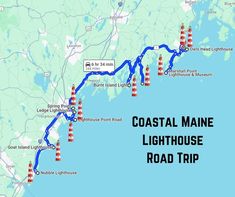 the coastal maine light house road trip map is shown in red and blue, as well as