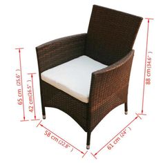 a brown chair with white cushion and measurements for the seat area in front of it