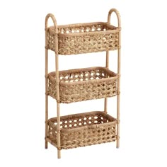 three tier bamboo shelf with wicker baskets