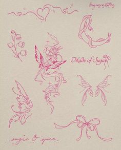 some pink ink drawings on white paper with hearts and flowers in the middle, including an angel