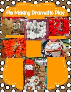 an orange and white polka dot background with lots of different items in the center, including marshmallows