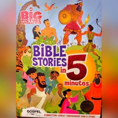 the bible stories in five minutes dvd is shown on a blurry background with an image of people and animals