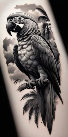 a black and white tattoo design of a parrot on a branch with clouds in the background