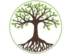 a tree with green leaves and roots in a circle on a white background embroidery design