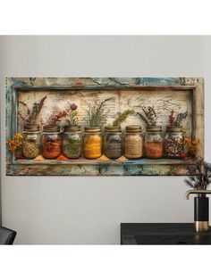 an old wooden shelf with jars filled with flowers and herbs on it, in front of a white wall