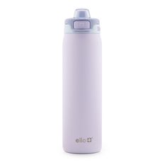 a purple water bottle with the word cells printed on it's front and side