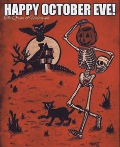 a poster for the queen of halloween with skeleton and cat on it's back