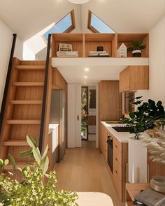 the interior of a tiny house with wooden stairs