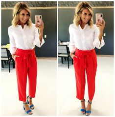 How to Wear Paperbag Pants // What to wear with Paperbag Pants // Spring and Summer Work Outfit // Affordable Outfit for Work // How to style red pants // How to Tuck In a Button Up Top // Work Wear // What to Wear for Work // Work Outfit #shopthelook #howto #howtowearpaperbagpants #whattowearwithpaperbagpants #paperbagpants #whattowear #springworkoutfit #summeroutfit #affordableoutfitforwork #howtostyleredpants #redpants #howtotuckinabuttonupshirt #workwear #whattowearforwork #workoutfit Red Pants Outfit Spring, Summer Work Outfits Pants, Affordable Work Clothes, Paperbag Hose, Spring Work Outfits, Paperbag Pants, Summer Work