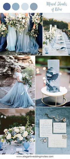 blue and white wedding color palettes for the bride's gown, dress, and bouquet