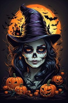 a woman wearing a witches hat with pumpkins in front of her and the moon behind her