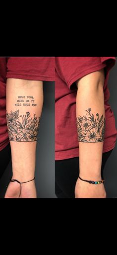 two images show the same tattoo on one arm and another with flowers on the other