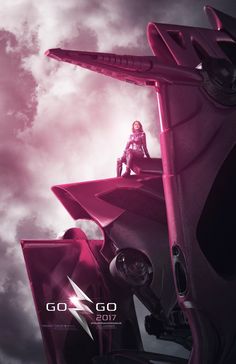 a woman sitting on top of a purple car in the sky with clouds behind her