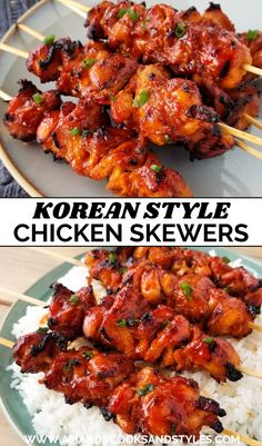 chicken skewers with white rice on a plate and the words korean style chicken skewers above it