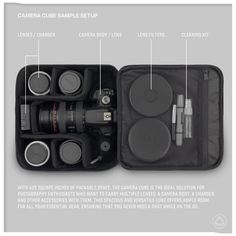 an open camera case with all the components in it and instructions on how to use them