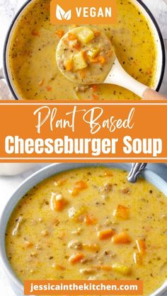 two bowls of cheeseburger soup with carrots and parsley on the side