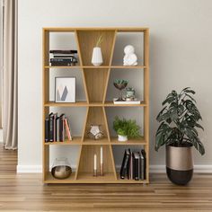 a book shelf with books and plants on it next to a potted houseplant