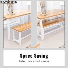 the space saving bench for small areas is shown in two separate images, with text overlaying it