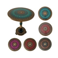 an assortment of decorative plates on a stand