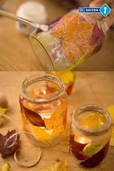 a person pouring leaves into a jar filled with water