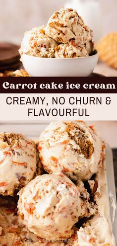 carrot cake ice cream is served in a bowl