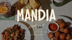 there are two plates with food on them and the words mandia in white above it