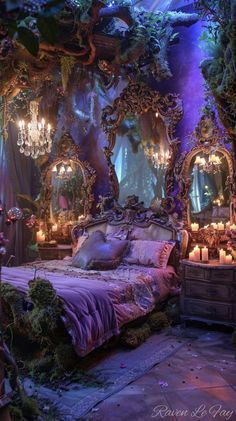 a bedroom with an elaborate bed, chandelier and mirror walls in the background