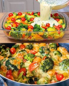 broccoli, tomatoes, and other vegetables are being poured into a casserole dish