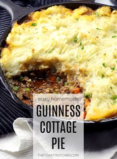 a close up of a casserole dish with the words easy homemade guinness cottage pie