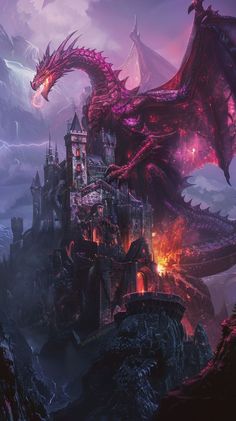 a dragon is standing in front of a castle with flames coming out of its mouth