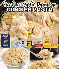 chicken pasta with garlic and parmesan cheese is shown in this collage for the recipe