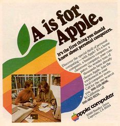 an advertisement for apple computers with two people working on the same computer, and one man in