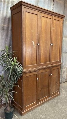 an old wooden armoire next to a potted plant