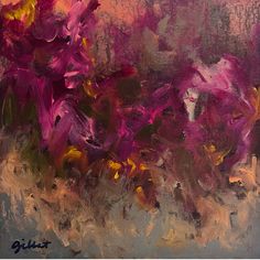 an abstract painting of purple and yellow flowers