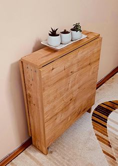 a wooden cabinet with two small plants on top