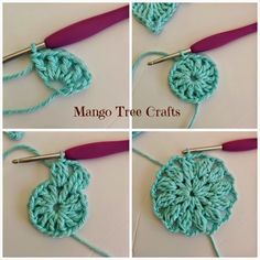 four pictures showing how to crochet the center part of a granny's afghan