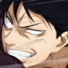 an anime character with black hair and white teeth