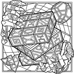 a black and white drawing with geometric shapes in the center, surrounded by other objects