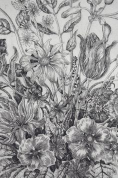 a black and white drawing of flowers in a vase