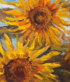 two sunflowers are shown in this oil painting